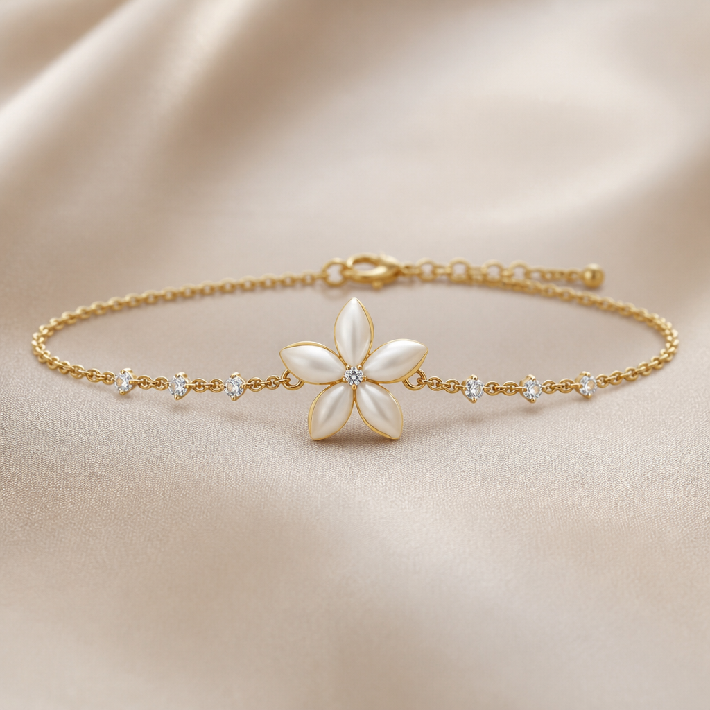 Can you create a gold and pearl based jasmine sambac flower with lines (one flower only) bracelet with a diamond in the middle and the bracelet is connected by a delicate chain with 4 tiny diamonds on each side of the bracelet distributed evenly