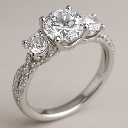 Elegant platinum 4 carat tw 3 stone ring pave twisted band