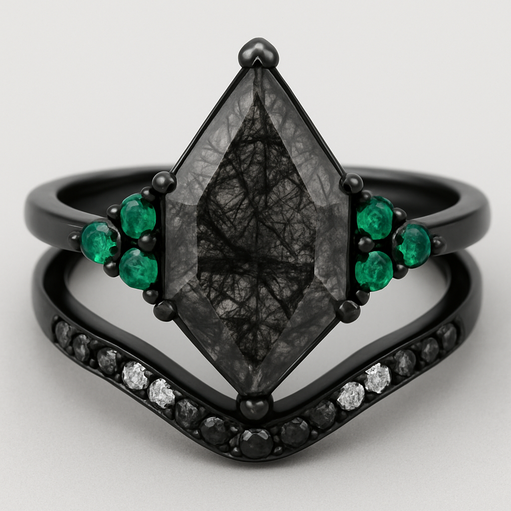 Black band, long kite cut rutilated black quartz, emerald accent stones 3 on each side in a cluster, add a wedding band that curves around the top of the main stone with black and white stones
