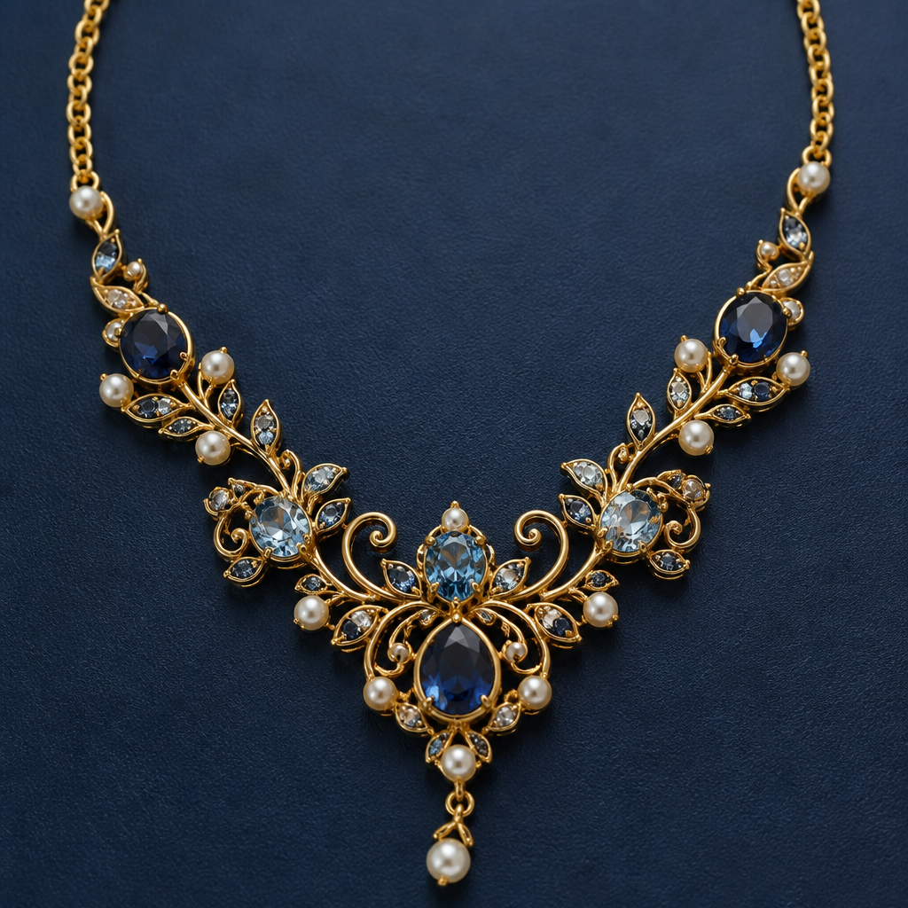 A cocktail women's necklace made of gold with sapphire and aquamarine stones suitable for daily wear, highly ornate, intricate and elaborate, richly detailed. delicado y sencillo con pequeñas perlas
photorealistic jewelry design, A cocktail women's necklace made of gold with sapphire and aquamarine stones suitable for daily wear, highly ornate, intricate and elaborate, richly detailed. delicado y sencillo con pequeñas perlas, cocktail style, just the design no text