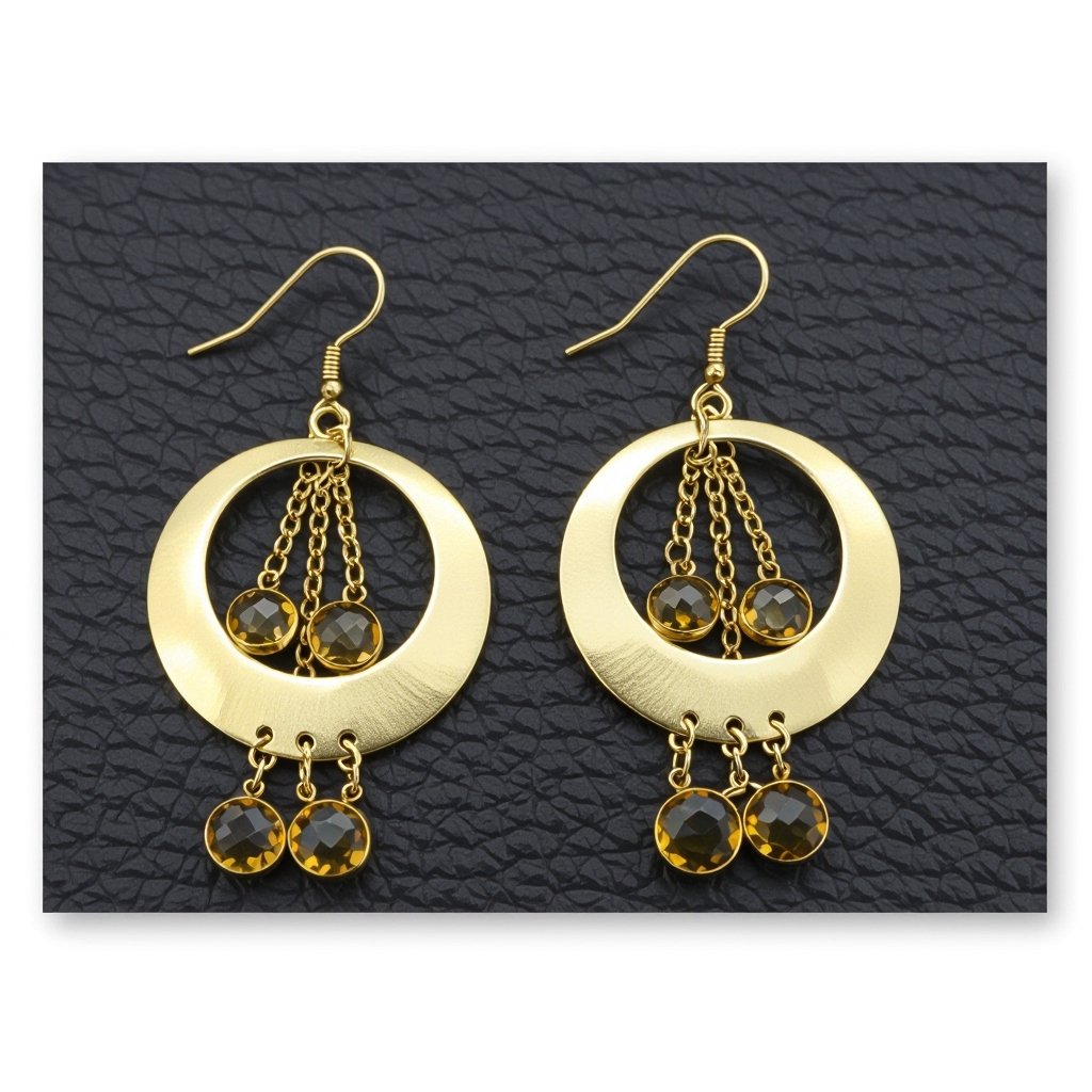 Золотые серьги полумесяц 3 см, сверху крепится к швензе. От полумесяца идет три цепочки золотого цвета, у каждой на конце камушек цитрит