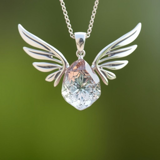 Create a pendant, use silver minimal, use raw natural gem stone and at top side of gem at the back there shall be one wing showing right hand side of the stone and one left hand side. Wings shall be with minimul silver used.