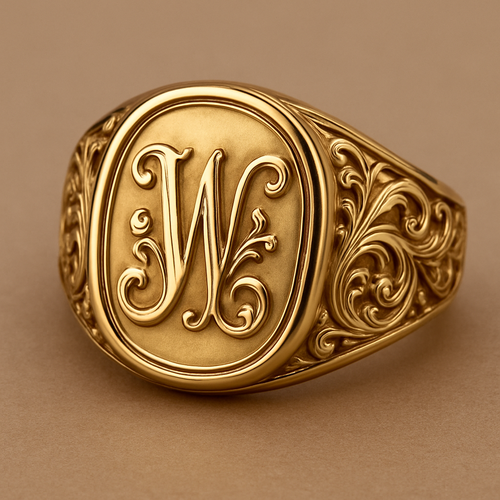 Gold signet ring that has a fancy W in the middle with fancy design on the out side band