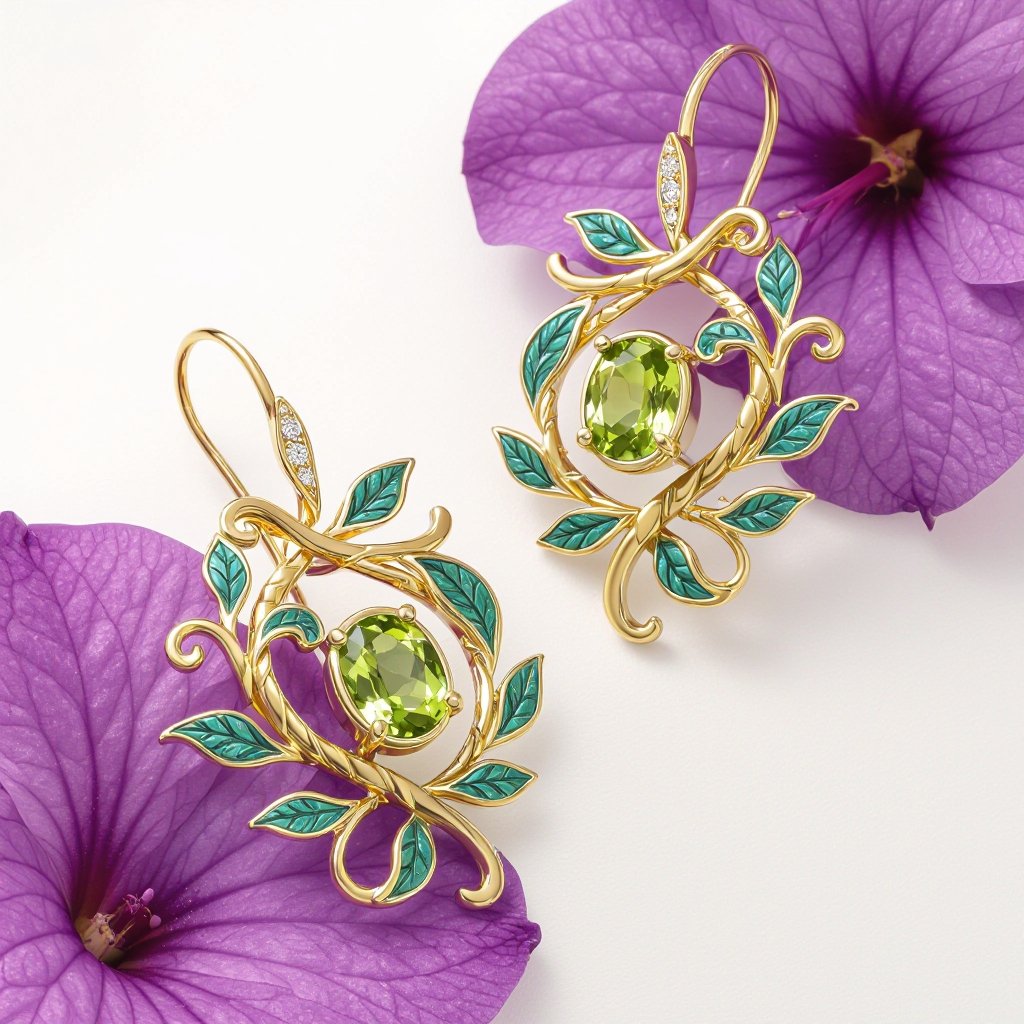 Inspired by the expressive forms of tropical lianas, golden vines entwine a pair of mantis-green peridots in a firm embrace. The vines are fully covered with turquoise-colored vitreous enamel, their curls accentuated by calligraphic strokes of painted gold. #jewelry #earrings #peridotearrings #peridotjewelry #greenearrings #peridot #vitreousenamel #jewelry #jewelryartist #ohrschmuck