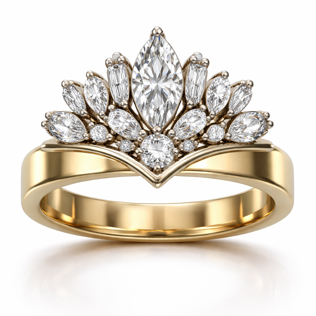 Ring AI Create a ring in 14k yellow gold, set in platinum. The center stone is a .60 size marquise diamond with a .25 round diamond set directly under the marquise. Add 6 more marquise shaped diamonds and 2 more round diamonds and 4 to 6 rectangle shaped baguettes in the shape of a crown with a 4mm thick gold yellow gold band