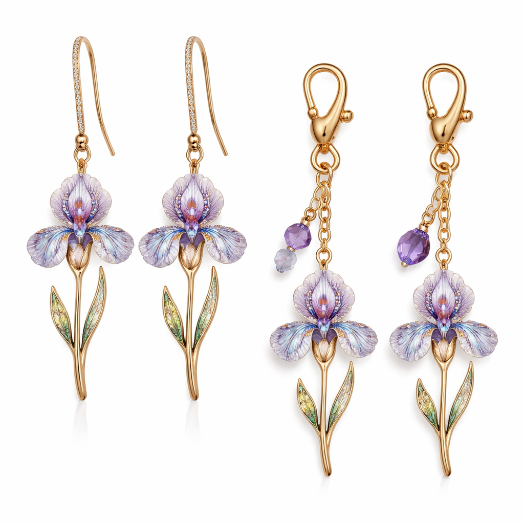 Create simple pendant earrings and bag charms with iris design with gemstones