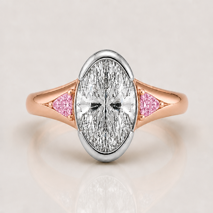 sakura pink trillion shape stones on both side
edit the attached jewelry design with these instructions: sakura pink trillion shape stones on both side. keep it photorealistic, just the design no text