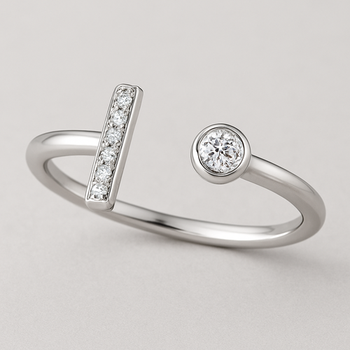 Disconnected pave t bar ring with diamond on one side