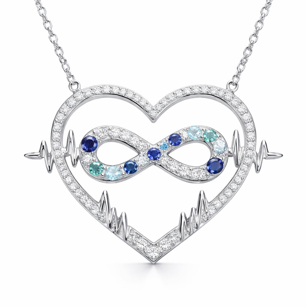 A heart necklace with the infinity symbol with alternating September, December and March birthstones in the infinity symbol and heartbeat wave all the way around the heart and the infinity symbol