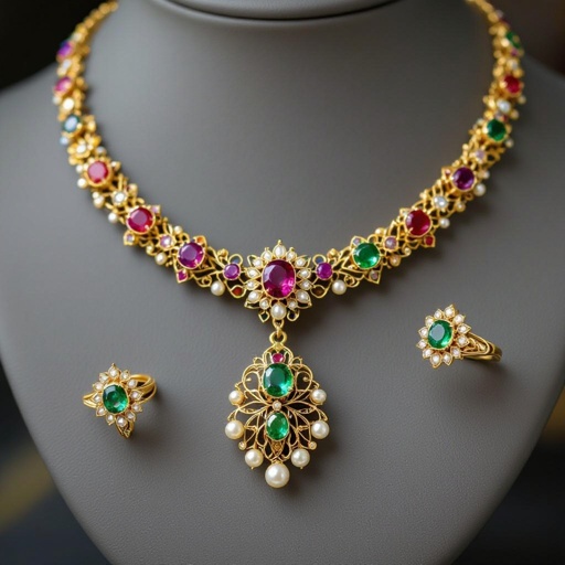 Necklace and ring and earring with luxury colorful jewel with gold