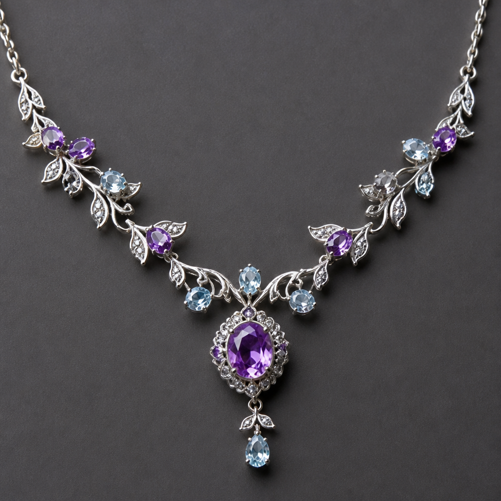 A vintage women's necklace made of white gold with amethyst and aquamarine stones suitable for daily wear, highly ornate, intricate and elaborate, richly detailed. delicado y sencillo con pequeñas hojitas
photorealistic jewelry design, A vintage women's necklace made of white gold with amethyst and aquamarine stones suitable for daily wear, highly ornate, intricate and elaborate, richly detailed. delicado y sencillo con pequeñas hojitas, vintage style, just the design no text