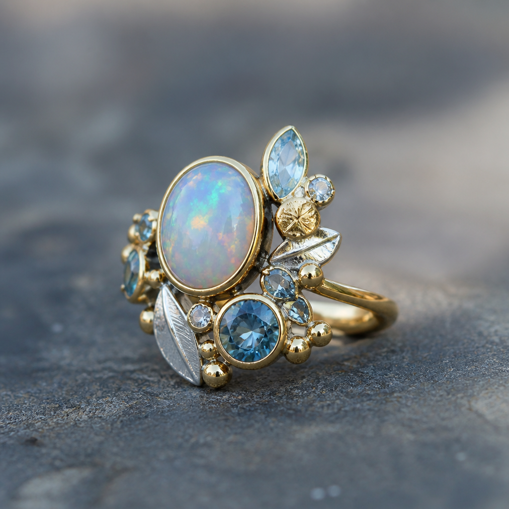 A modern women's ring made of mixed metal with opal and topaz and aquamarine stones suitable for festival. A modern women ring with little ornaments of modern motifs.
photorealistic jewelry design, A modern women's ring made of mixed metal with opal and topaz and aquamarine stones suitable for festival. A modern women ring with little ornaments of modern motifs., modern style, just the design no text