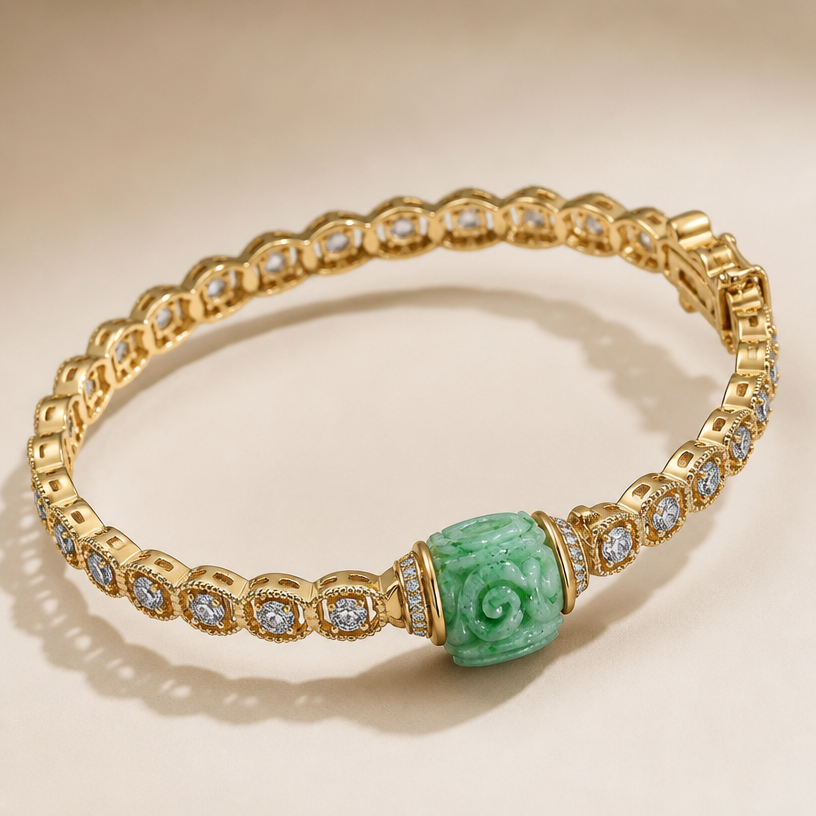 A bangle women's bracelet made of gold with diamond stones suitable for daily wear, detailed and decorative, moderately ornate. Use 12 tablets.
using the attached image as a visual reference, create A bangle women's bracelet made of gold with diamond stones suitable for daily wear, detailed and decorative, moderately ornate. Use 12 tablets.. photorealistic, just the design no text