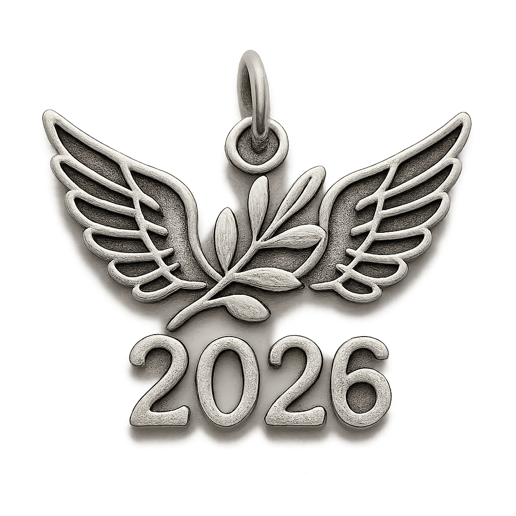 Silver cut-out charm only with  two spread out bird wings, an olive branch and  along year 2026