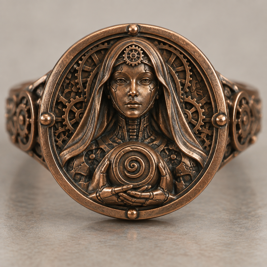 A steampunk women's ring made of copper suitable for daily wear. a a android woman with vail facing foward holding a spiral on a coin style
photorealistic jewelry design, A steampunk women's ring made of copper suitable for daily wear. a a android woman with vail facing foward holding a spiral on a coin style, steampunk style, just the design no text