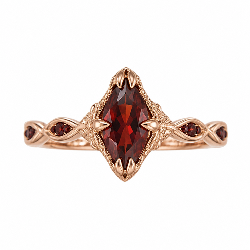 A women's ring made of rose gold with garnet stones. 9 carat yellow gold Marquise shape centre dragon Garnet ring.
using the attached image as a visual reference, create A women's ring made of rose gold with garnet stones. 9 carat yellow gold Marquise shape centre dragon Garnet ring.. photorealistic, just the design no text