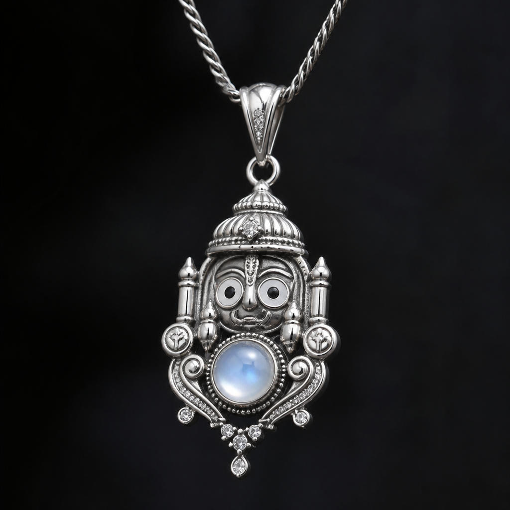 A women's pendant made of silver with diamond stones. a Jagannath Ji pandal which has a single moon stone with a modern ancient design
photorealistic jewelry design, A women's pendant made of silver with diamond stones. a Jagannath Ji pandal which has a single moon stone with a modern ancient design, modern style, just the design no text