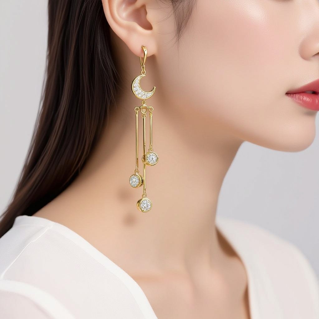 Серьги в золоте без камней фазы луны длинные серьги плавные формы