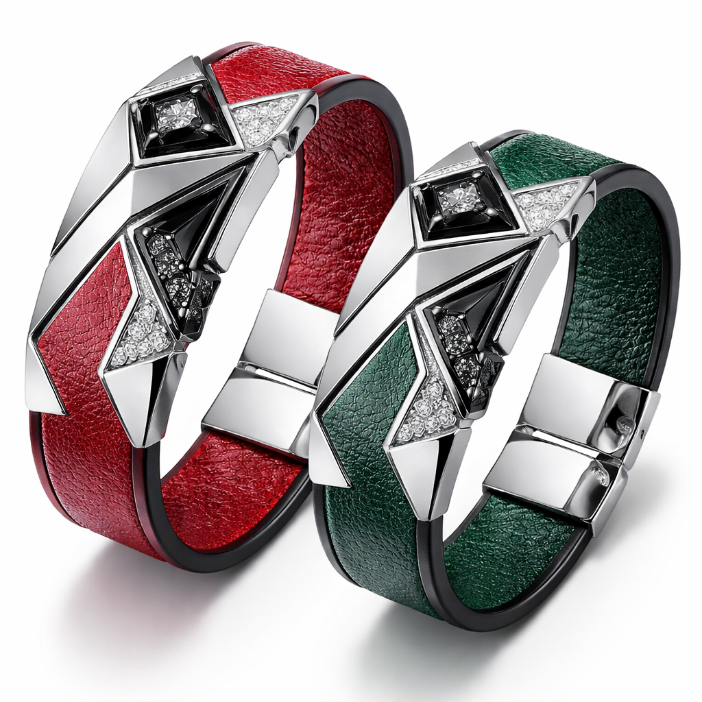 Geomatric leather bangel red and green of geomatric shape and bold style and edgey for matching couples of white background of gd with black and white diamond