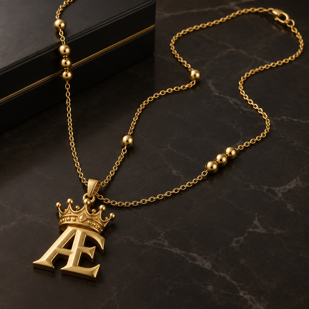 A modern men's ring made of gold. I would like a rosary-style chain, but a unique one. I want the pendant to feature two 3D letters—"AE"—joined together as a single unit, appearing like twins sharing one body. I also want the letters positioned beneath a 3D royal crown. Regarding the rosary design: I want one bead, then three beads, then a section of chain, then one bead, then chain, then three beads. That’s exactly it, but please make the chain at least 60 cm long, and I want the letters to be "AE".
photorealistic jewelry design, A modern men's ring made of gold. I would like a rosary-style chain, but a unique one. I want the pendant to feature two 3D letters—"AE"—joined together as a single unit, appearing like twins sharing one body. I also want the letters positioned beneath a 3D royal crown. Regarding the rosary design: I want one bead, then three beads, then a section of chain, then one bead, then chain, then three beads. That’s exactly it, but please make the chain at least 60 cm long, and I want the letters to be "AE"., modern style, just the design no text