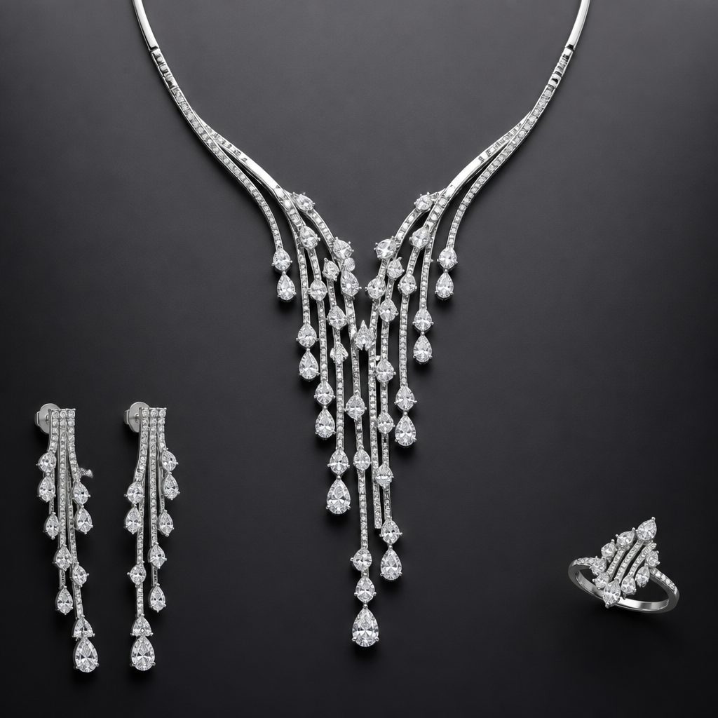 A women's ring. I want necklace set with waterfall shape
photorealistic jewelry design, A women's ring. I want necklace set with waterfall shape, modern style, just the design no text