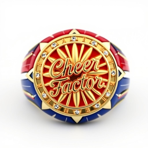 Red white and blue medal ring that says cheer factor