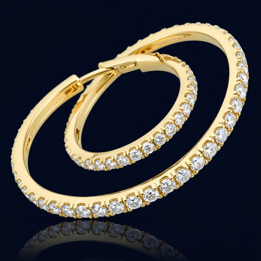 Celestial Orbit Hoops 	•	Style: Overlapping dual hoops; smaller hoop spins on axis inside larger hoop. 	•	Dimensions: Outer hoop Ø 28 mm; inner hoop Ø 18 mm. 	•	Material: 18K gold-plated sterling silver or brass base. 	•	Gem Details: Outer hoop paved with lab diamond dusting (VS, 0.8mm–1mm stones). 	•	Closure: Lock-in hinge snap closure. 	•	Notes: Movement must be smooth and durable for spinning hoop. 