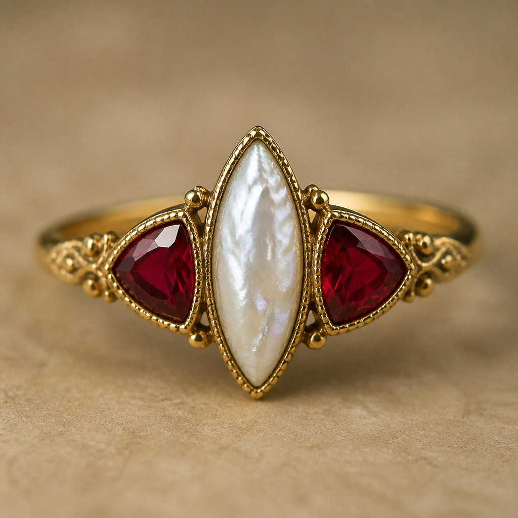 Create a ring with 1 barque pearl and 2 ruby stone next to each in drop shape
photorealistic jewelry design, Create a ring with 1 barque pearl and 2 ruby stone next to each in drop shape , vintage style, just the design no text