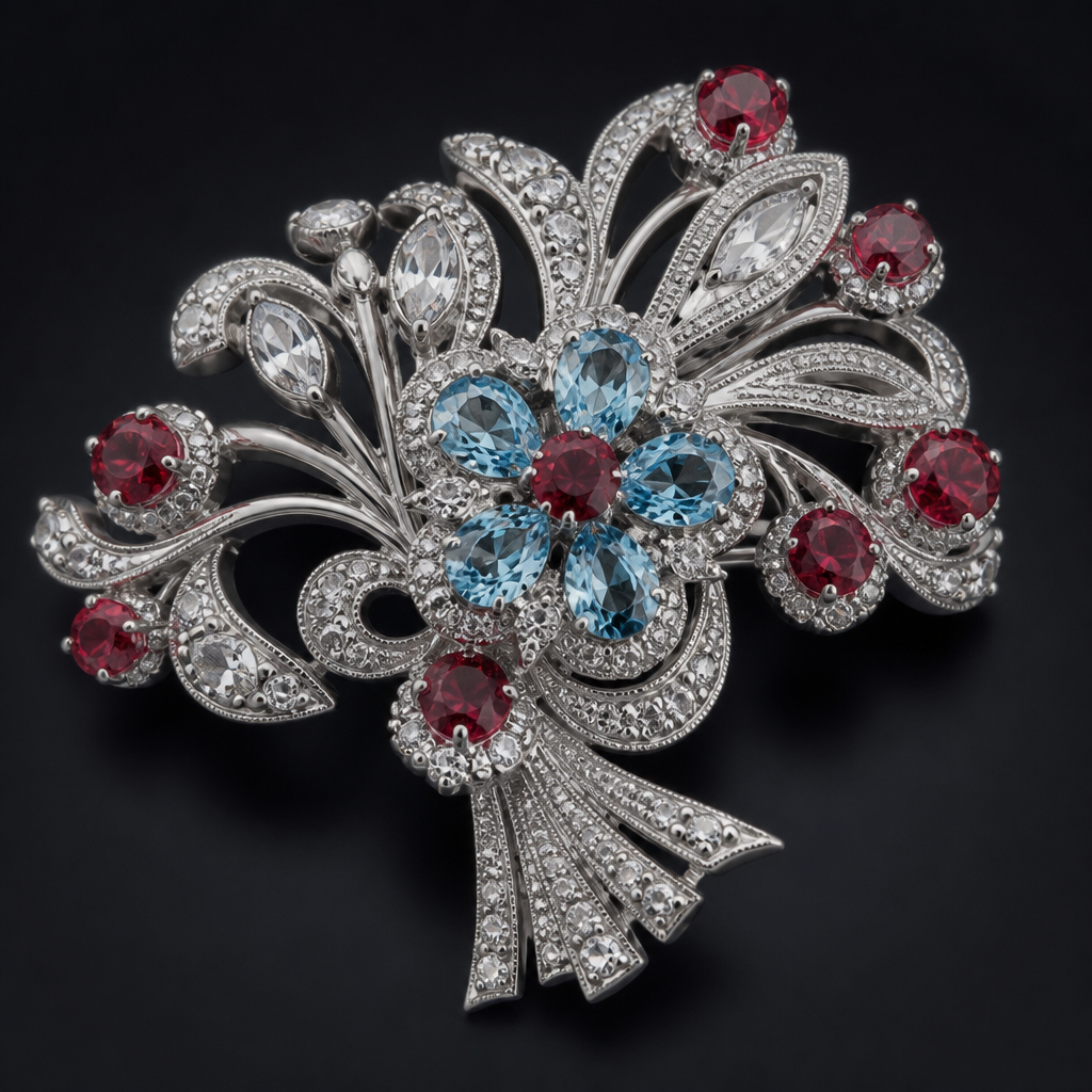 A classic women's brooch made of white gold with diamond and topaz and garnet stones suitable for party, detailed and decorative, moderately ornate. heavily detailed
photorealistic jewelry design, A classic women's brooch made of white gold with diamond and topaz and garnet stones suitable for party, detailed and decorative, moderately ornate. heavily detailed, classic style, just the design no text