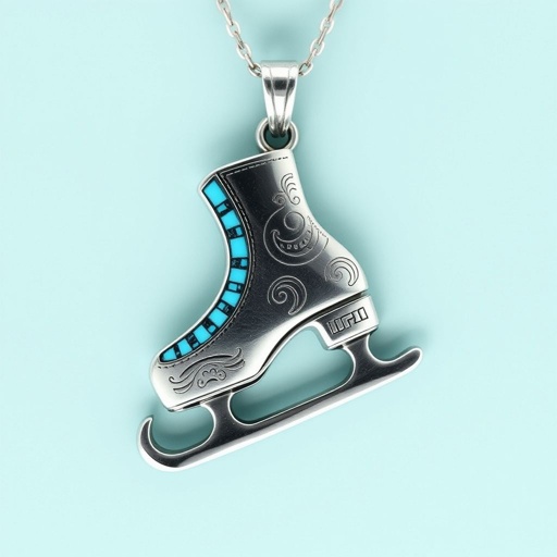 Silver Pendant shape one ice skate with turquoise stripe inside the low thin part blade