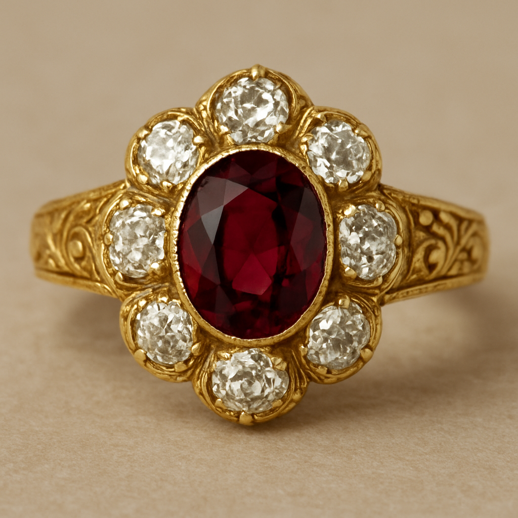 This style featured a central stone surrounded by a "halo" of smaller stones. This design effectively creates the appearance of a much larger, grander diamond, perfect for making an impression on the workhouse staff. • Given their means, the ring would likely feature smaller, less expensive but visually appealing colored stones like Garnets (deep red, signifying passion, but also readily available) or Turquoise (Queen Victoria's favorite color, offering a touch of royal influence). The gold setting would be robust and likely heavily engraved with subtle floral or scroll motifs to suggest intricate craftsmanship. : A bright, ornate ring in 18ct yellow gold, featuring a central oval garnet surrounded by a cluster of six small, old mine-cut diamonds, set high to catch the light.