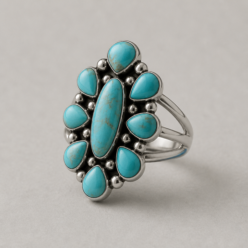 A women's ring with turquoise stones
using the attached image as a visual reference, create A women's ring with turquoise stones. photorealistic, just the design no text