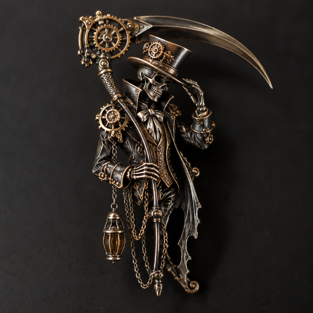 A steampunk men's brooch made of mixed metal suitable for formal. a reaper with a mix of the madhatter style
photorealistic jewelry design, A steampunk men's brooch made of mixed metal suitable for formal. a reaper with a mix of the madhatter style, steampunk style, just the design no text