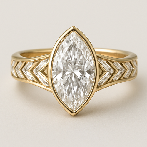 Bezel set 6 carat marquise diamond center stone with baguette diamonds in a herringbone pattern in the band
