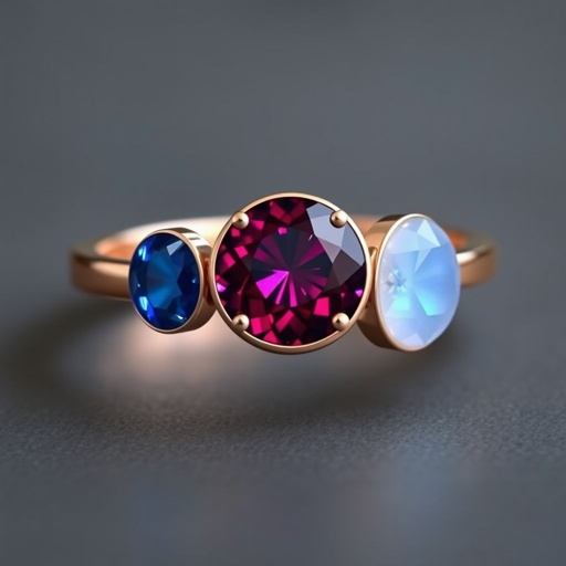 A simple rose gold engagement ring set with a circular alexandrite. Also set with a semicircular blue chalcedony on one side, and a semicircular moonstone set on the other side. On the inside of the band, it has an inscription reading, “Tuum. Et in hac vita et in altera.”