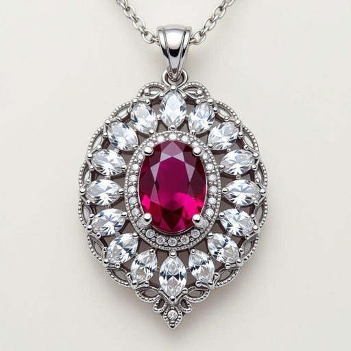 7x5mm oval pigeon blood ruby with 8 marquis cut diamonds each .08ct set in white gold pendant 