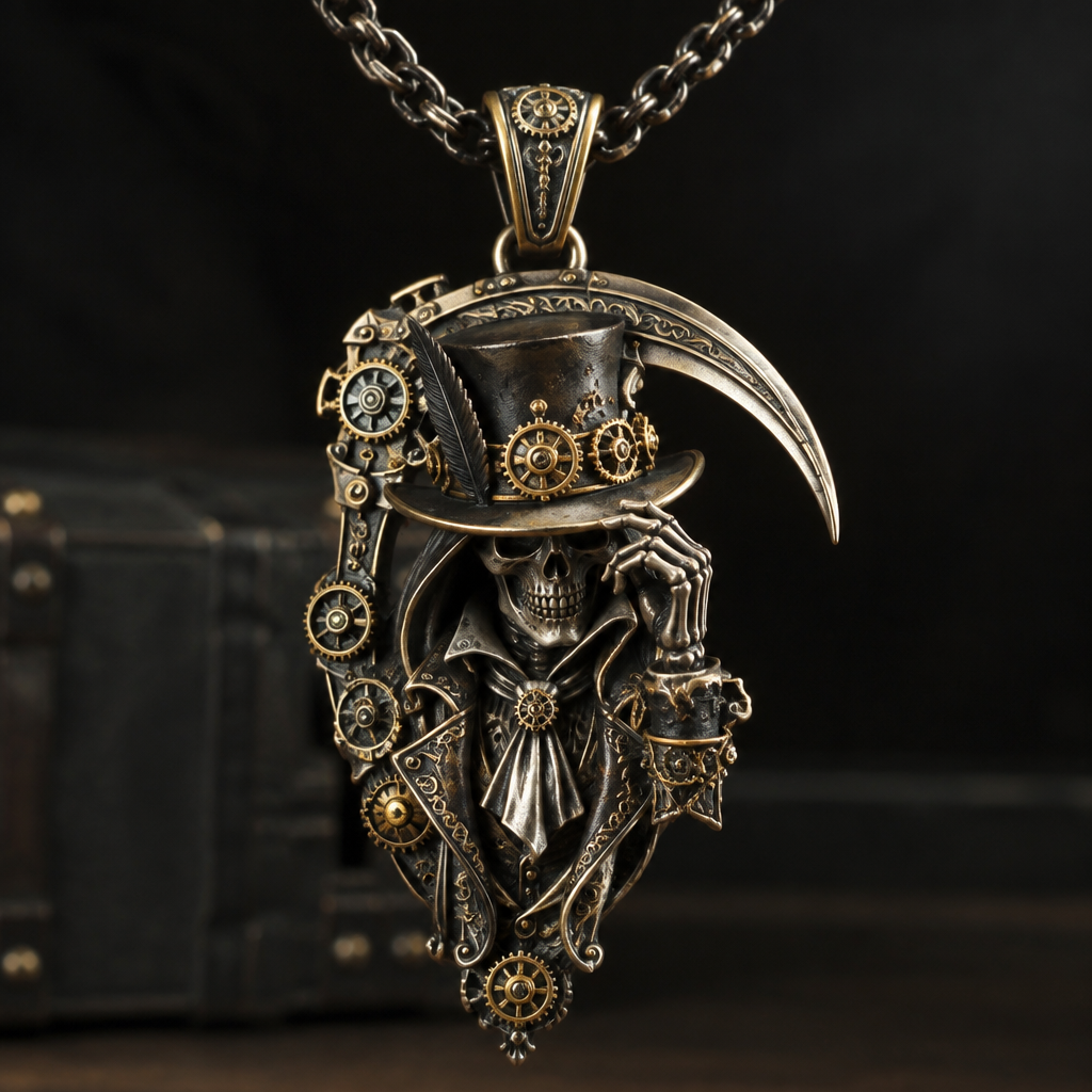 A steampunk men's necklace made of mixed metal suitable for formal. a reaper with a mix of the madhatter style
photorealistic jewelry design, A steampunk men's necklace made of mixed metal suitable for formal. a reaper with a mix of the madhatter style, steampunk style, just the design no text