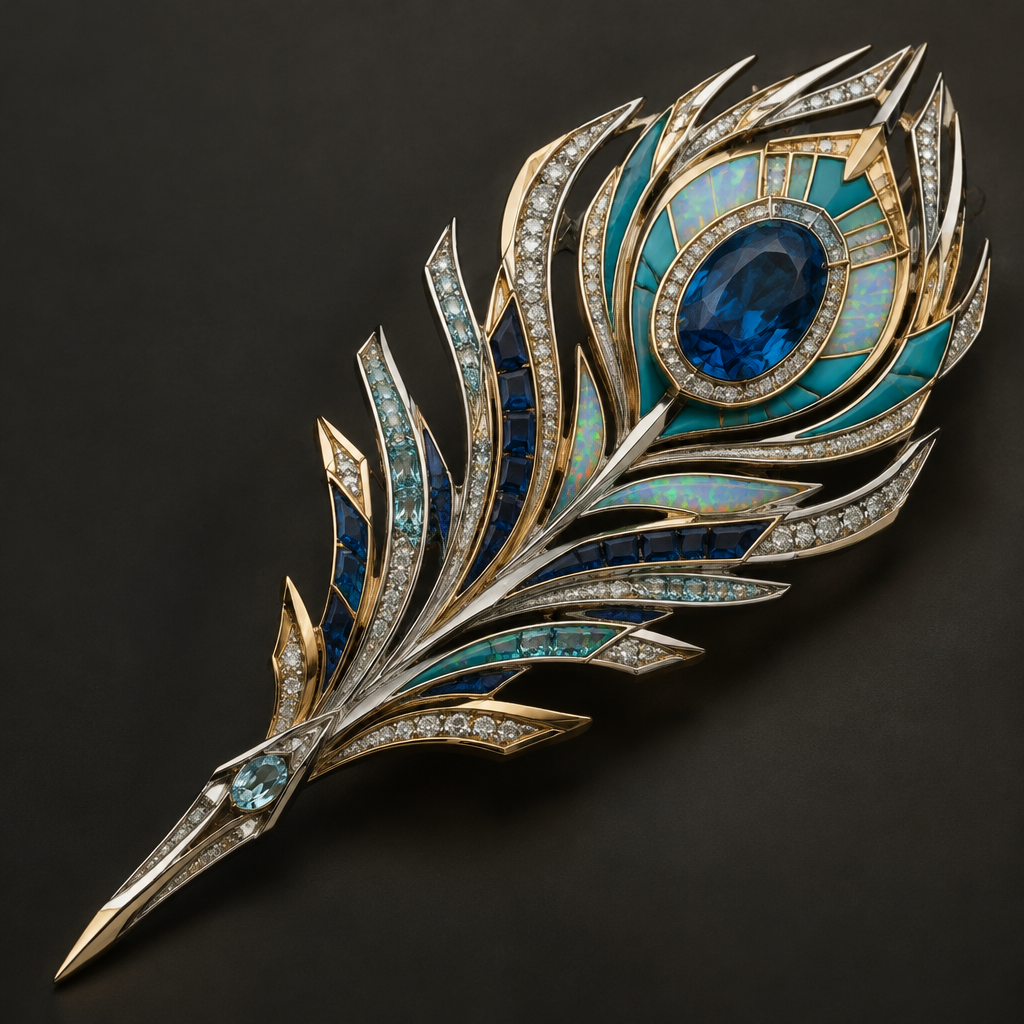 A geometric men's brooch made of mixed metal with sapphire and aquamarine and turquoise and opal and diamond stones. peacock feather shaped broach
photorealistic jewelry design, A geometric men's brooch made of mixed metal with sapphire and aquamarine and turquoise and opal and diamond stones. peacock feather shaped broach, geometric style, just the design no text