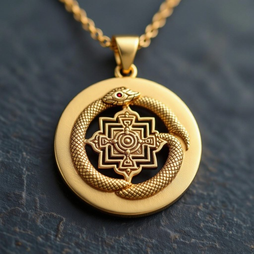 Золотой матовый кулон в виде круга, по окружности золотая тонкая змея в центре изображена янтра богини кали