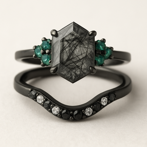 Black band, medium long hexagon cut rutilated black quartz, emerald accent stones 3 on each side in a cluster, add a wedding band that curves with black and white stones
