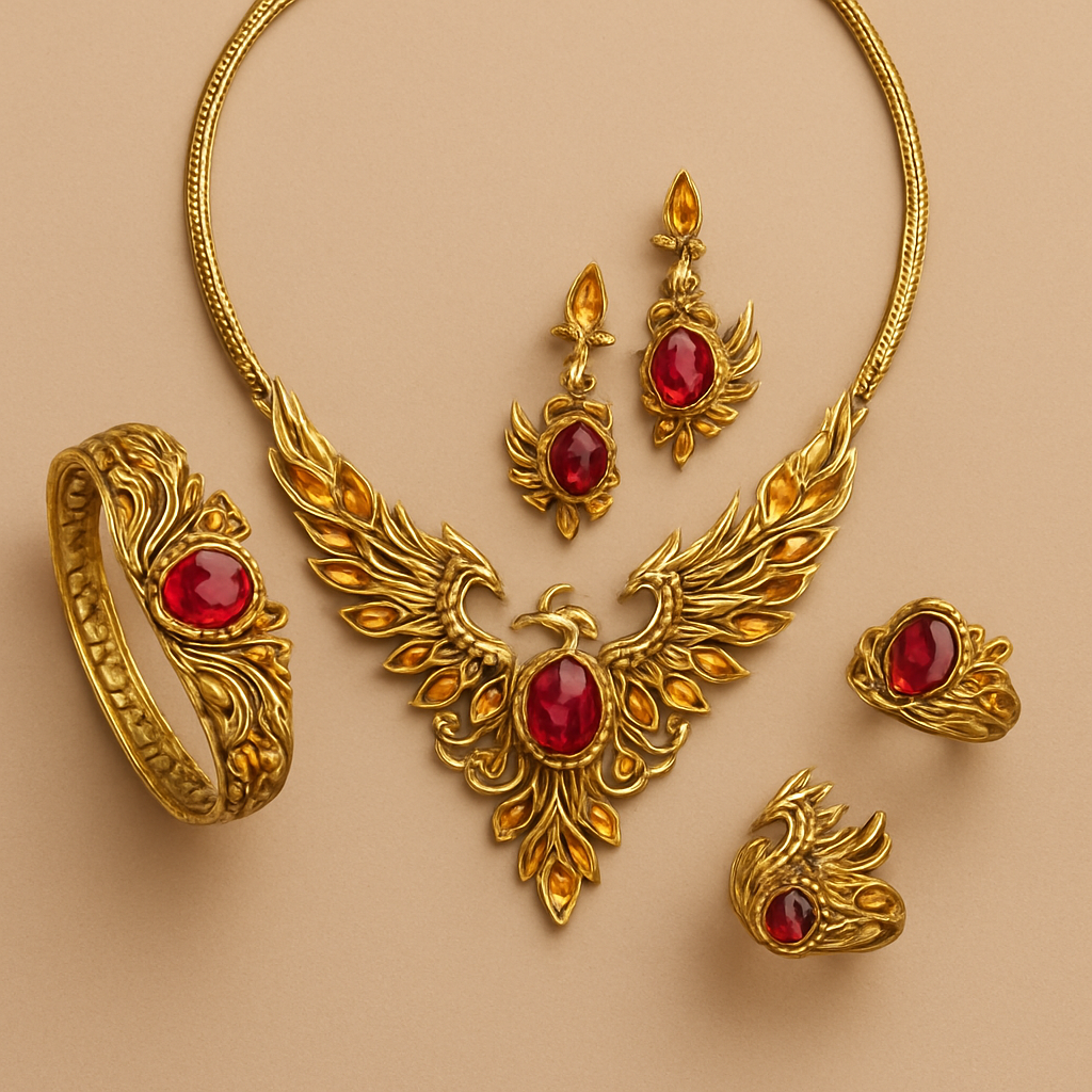 A full Ruby jewelry set including bracelet, earrings and rings with at least 10 citrine and topaz inlays with phoenix themes and an omega necklace