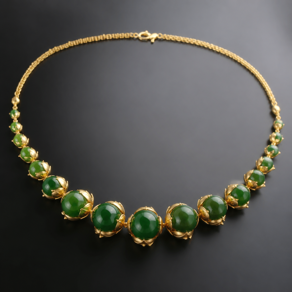 A luxury women's necklace made of gold. A green jade necklace with gold petals holding the jade balls that are of alternating size with smaller ones on the sides with size gradually increasing towards the middle
photorealistic jewelry design, A luxury women's necklace made of gold. A green jade necklace with gold petals holding the jade balls that are of alternating size with smaller ones on the sides with size gradually increasing towards the middle, luxury style, just the design no text