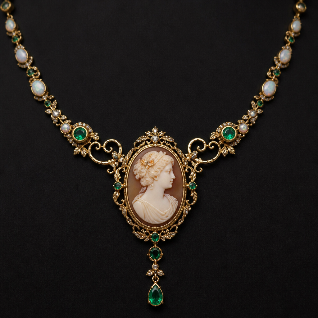 A cameo women's necklace made of gold with emerald and opal stones suitable for formal, highly ornate, intricate and elaborate, richly detailed. delicado y sencillo
photorealistic jewelry design, A cameo women's necklace made of gold with emerald and opal stones suitable for formal, highly ornate, intricate and elaborate, richly detailed. delicado y sencillo, cameo style, just the design no text