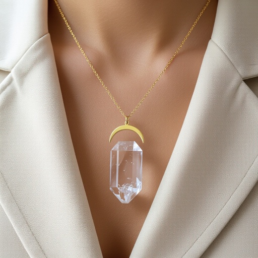 Прозрачный белый длинный кристалл горного хрусталя шестигранный золотой матовый тонкий полумесяц подвеска рядом все на одной цепочке
