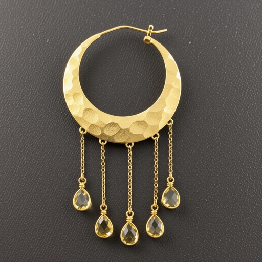 Золотые серьги полумесяц вертикальный 2 см, сверху крепится к швензе. От полумесяца идет три цепочки золотого цвета, у каждой на конце камушек цитрит