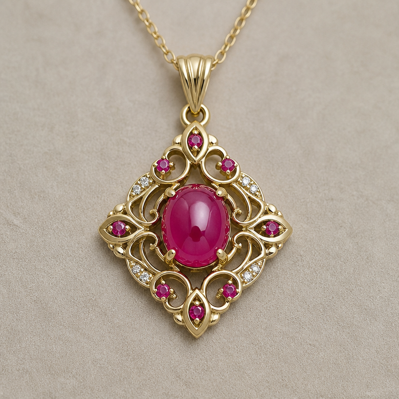 A contemporary women's pendant with ruby stones suitable for daily wear, detailed and decorative, moderately ornate
using the attached image as a visual reference, create A contemporary women's pendant with ruby stones suitable for daily wear, detailed and decorative, moderately ornate. photorealistic, just the design no text