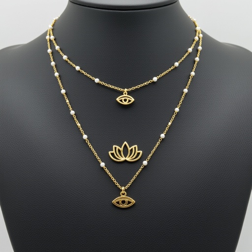 Кулон на длинной цепочке. Матовое светлое золото. В цепочке небольшие золотые шарики и жемчуг. Кулон в виде двух глаз над ними лотос узоры завитушки 
