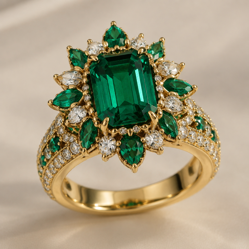 A statement women's ring made of gold with emerald stones suitable for wedding
photorealistic jewelry design, A statement women's ring made of gold with emerald stones suitable for wedding, statement style, just the design no text
