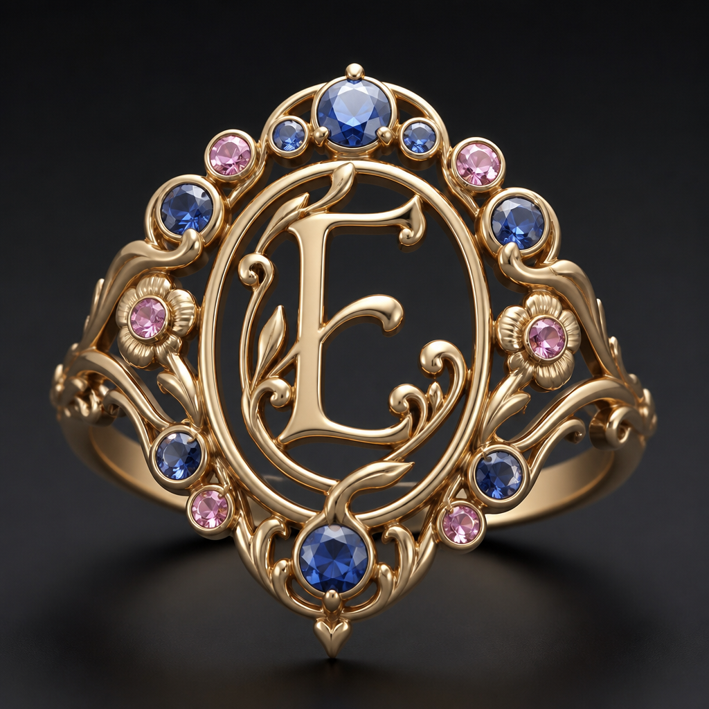 A art nouveau women's ring, detailed and decorative, moderately ornate. anel de 15 anos com inicial E com pedras azul e rosa em volta
photorealistic jewelry design, A art nouveau women's ring, detailed and decorative, moderately ornate. anel de 15 anos com inicial E com pedras azul e rosa em volta, art_nouveau style, just the design no text
