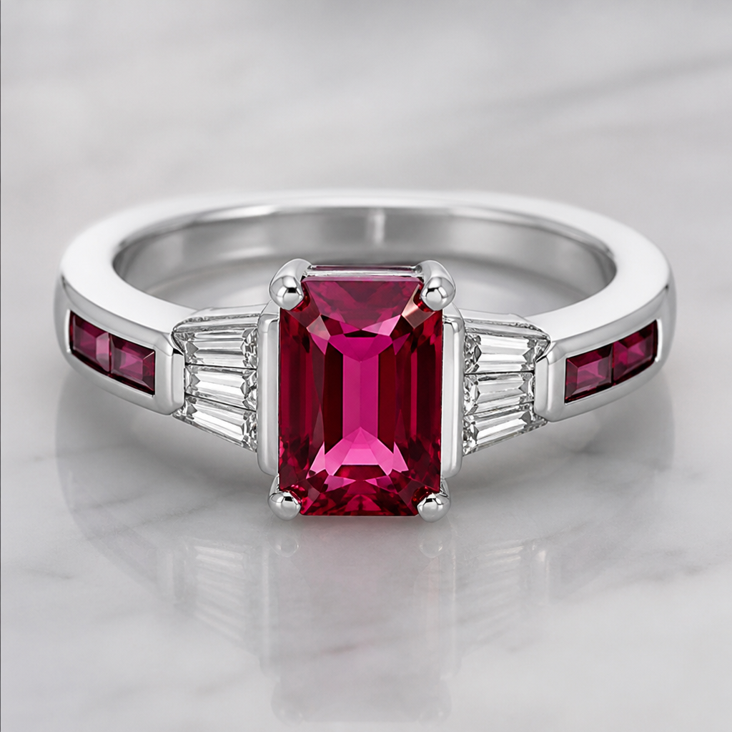A women's ring made of platinum with ruby stones suitable for formal
photorealistic jewelry design, A women's ring made of platinum with ruby stones suitable for formal, modern style, just the design no text